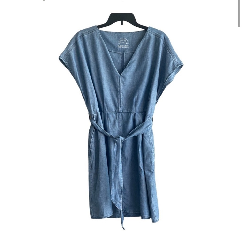 Porter Blue Kimono Chambray Short Dress Tie Waist w / Pockets Sz M NWOT